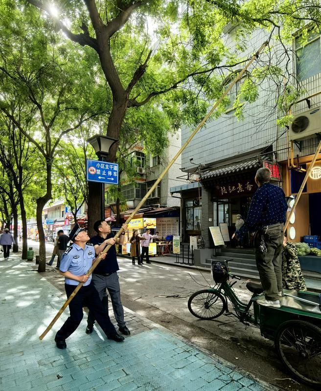 姚六一与社区工作人员一起清理干枯树枝消除安全隐患。