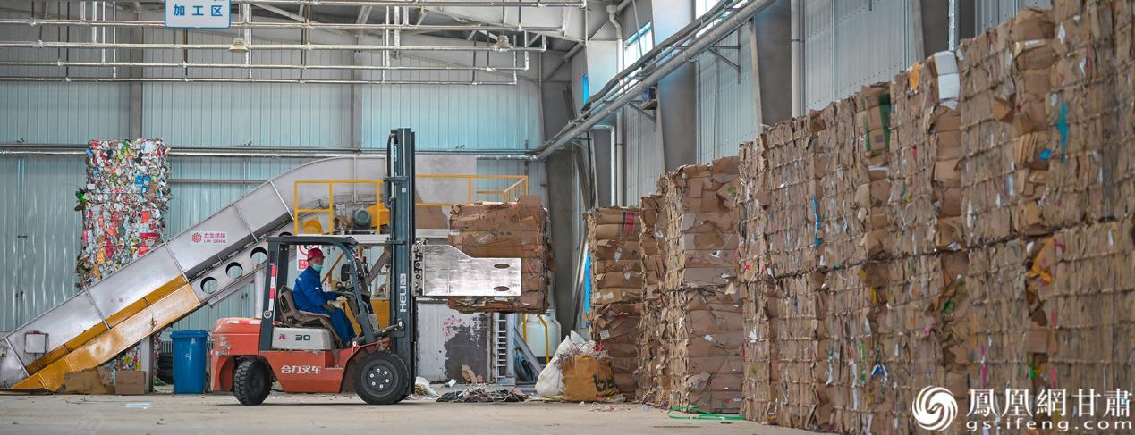 分拣中心将纸盒打包压缩送往造纸厂循环利用