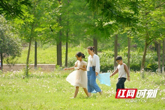 市民带着孩子穿梭花径。