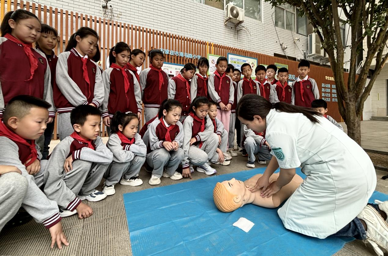 （石家庄市南马路小学的学生在医护人员指导下学习心肺复苏知识） 冯春艳摄