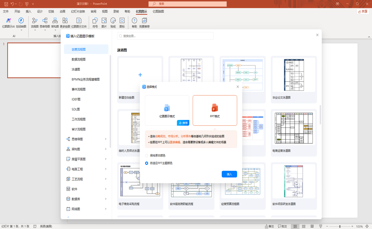 插入模板为PPT格式，支持在PPT页面直接编辑图示模板