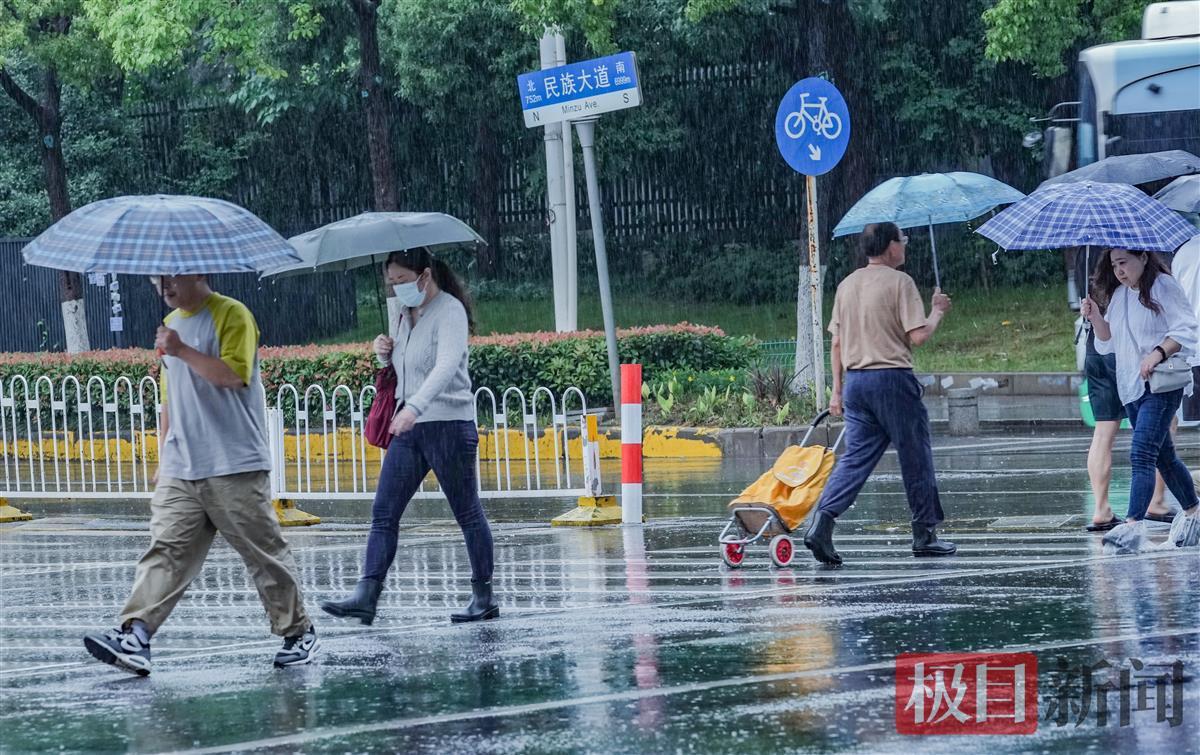 有的人穿着毛衣在大雨中穿行（民族大道）