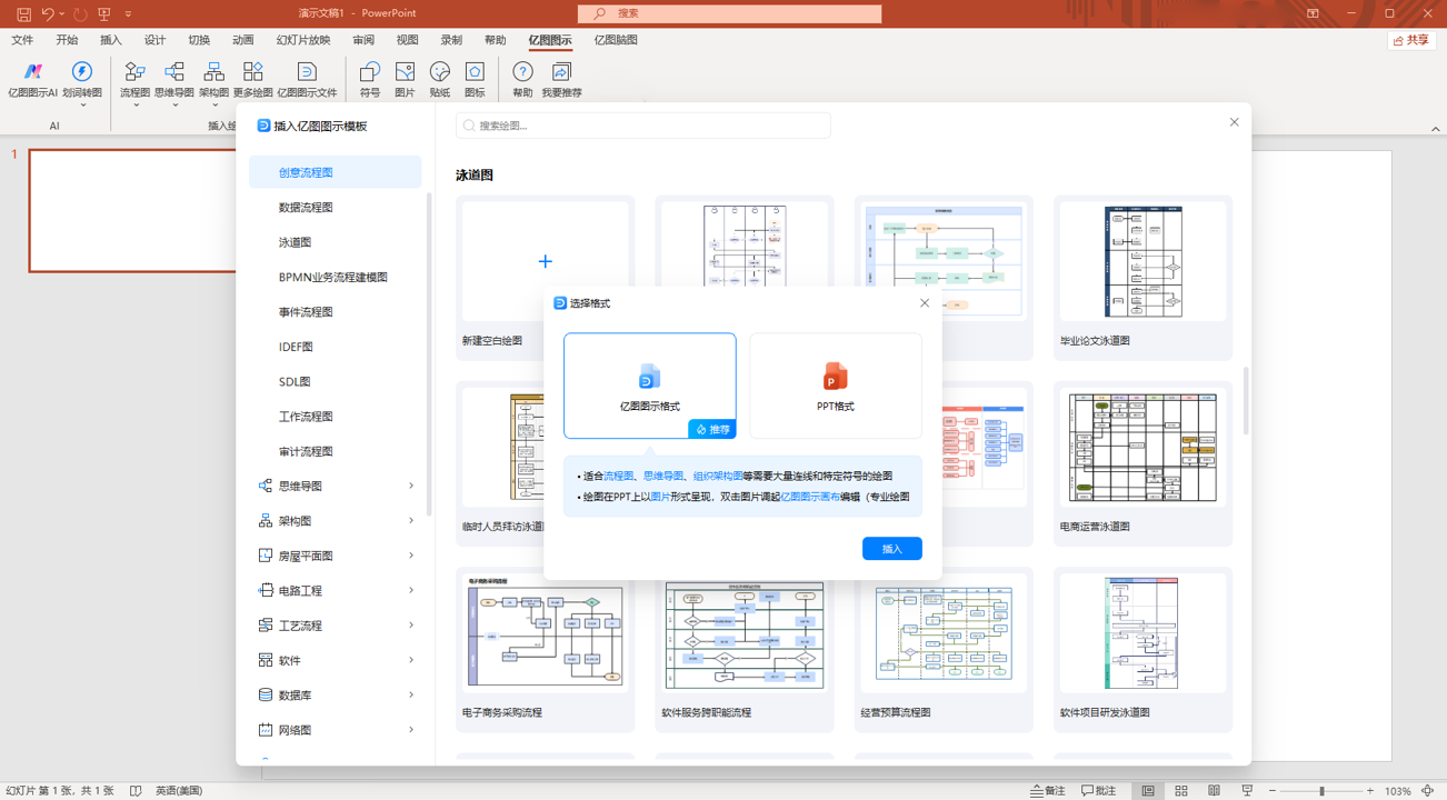 插入模板为万兴图示格式，支持调用万兴图示直接编辑