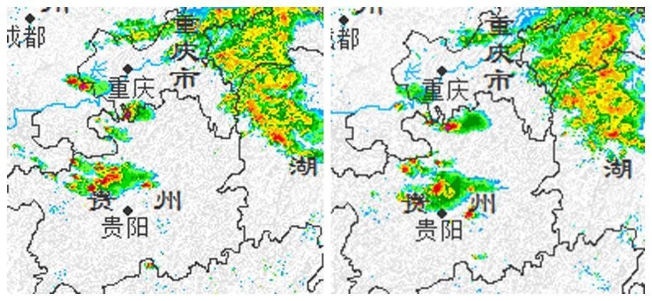 ▎西南地区气象雷达图:5月4日15:30(左)与16:30(右)