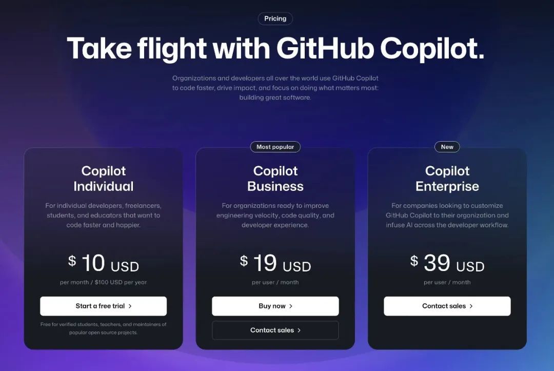 ▲GitHub Copilot的价格表