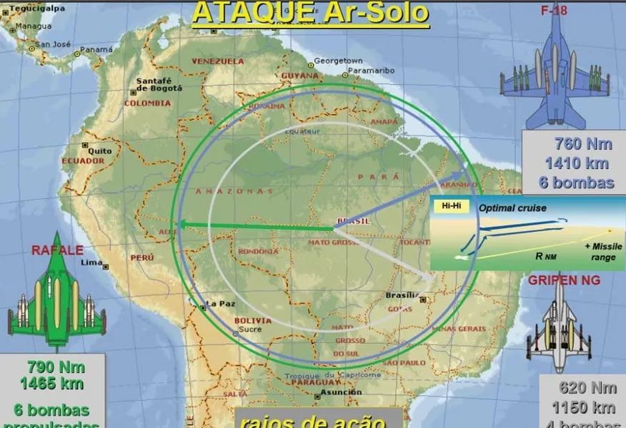 ▎巴西竞标数据：阵风、F/A-18、鹰狮的任务半径对比，阵风是最高的。