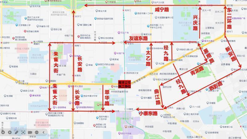 南二环雁塔立交施工期间周边分流疏导示意图