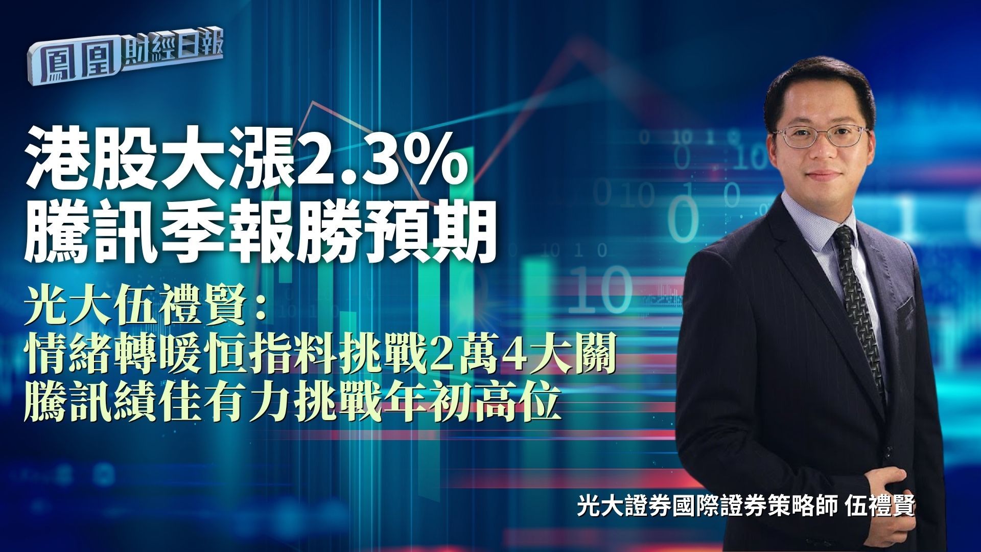 港股大涨2.3% 腾讯季报胜预期 光大伍礼贤：情绪转暖恒指料挑战2万4大关 腾讯绩佳有力挑战年初高位
