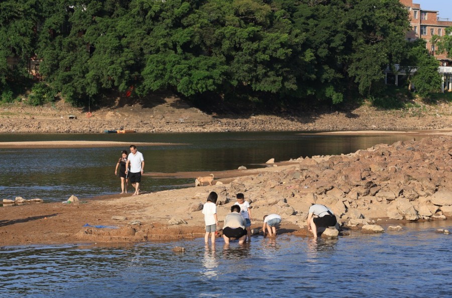 贡江水位降低，市民在贡江上玩耍。