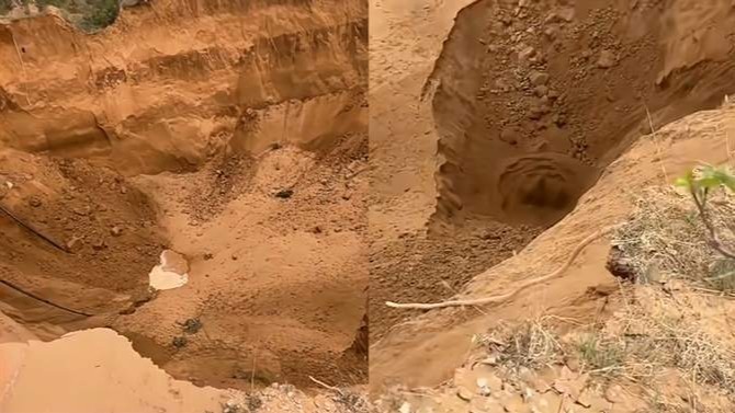 男子遇大坑往外“喷土”：现场没有明显异味，周围还在不断滑坡