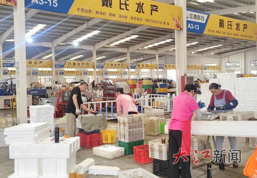 在小龙虾交易中心内,工作人员正在分拣龙虾。