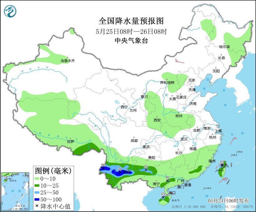 图2 全国降水量预报图(5月25日08时-26日08时)