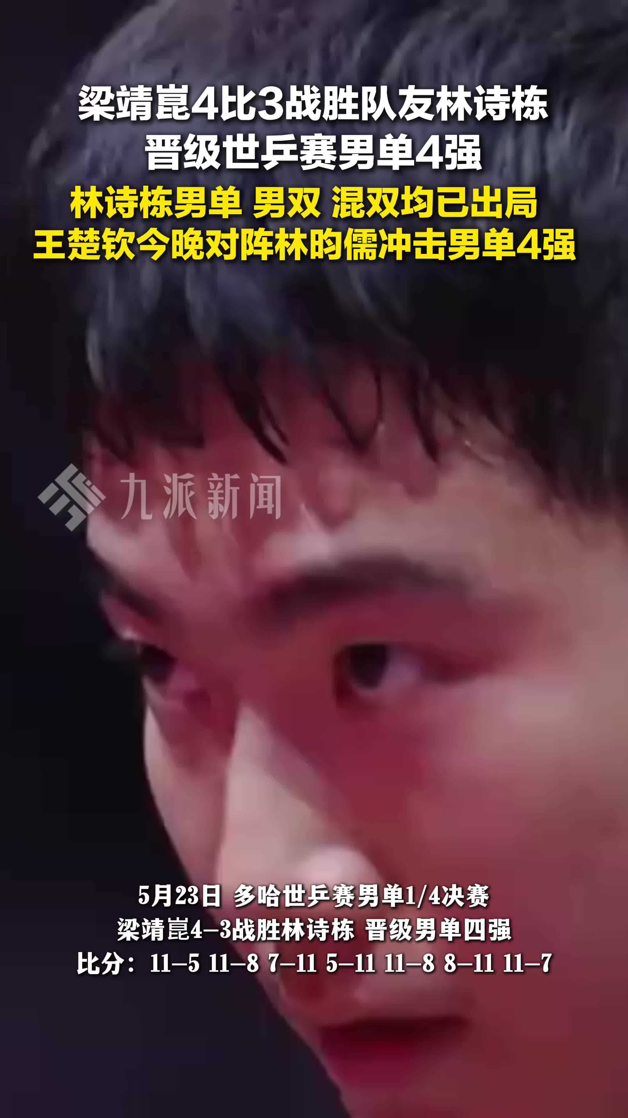 多哈世乒赛男单1/4决赛，梁靖崑4比3战胜林诗栋晋级四强
