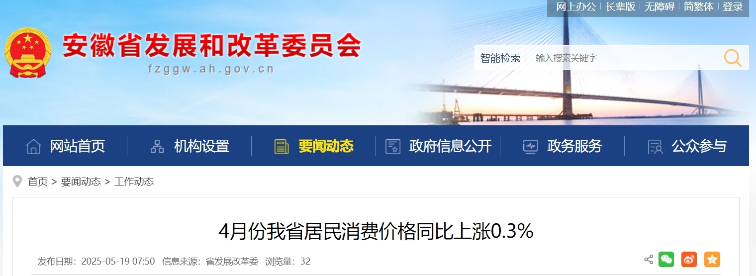 4月份安徽省居民消费价格同比上涨0.3%