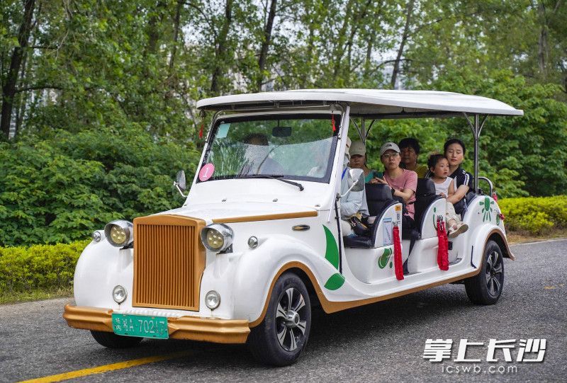 游览车穿梭在月亮岛景区，带游客一览美景。