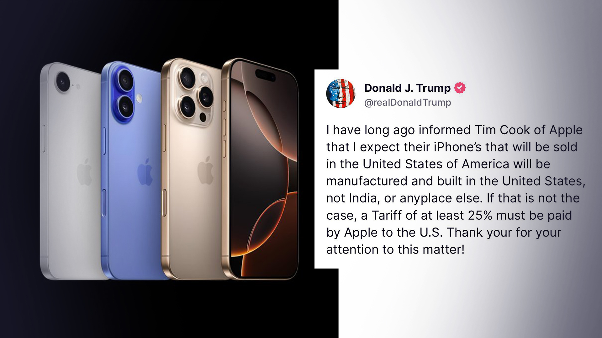 特朗普威胁对苹果征25%关税，苹果股价暴跌，一夜蒸发6000多亿