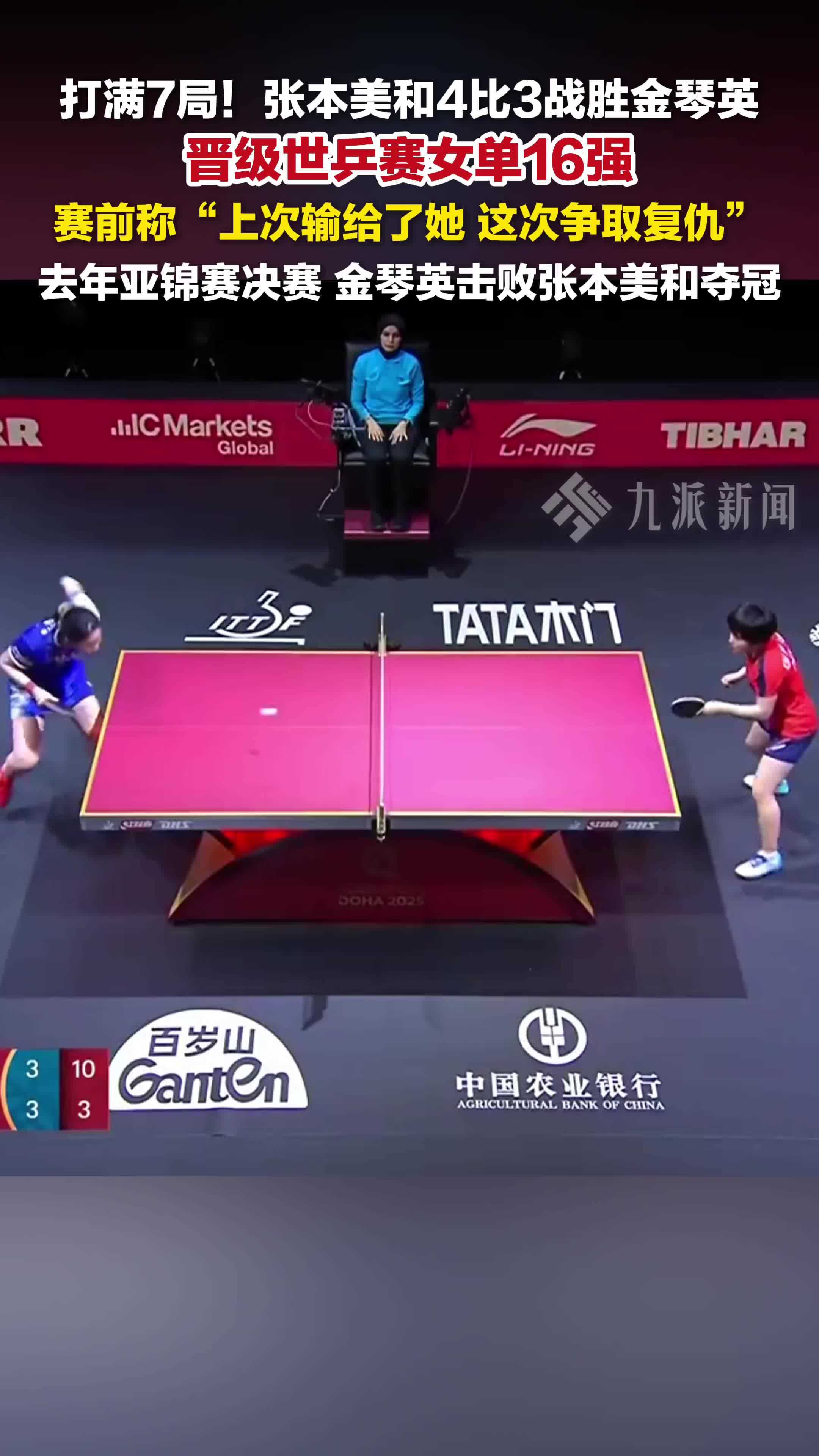 张本美和4比3战胜金琴英，赛前称“上次输给了她，这次争取复仇”