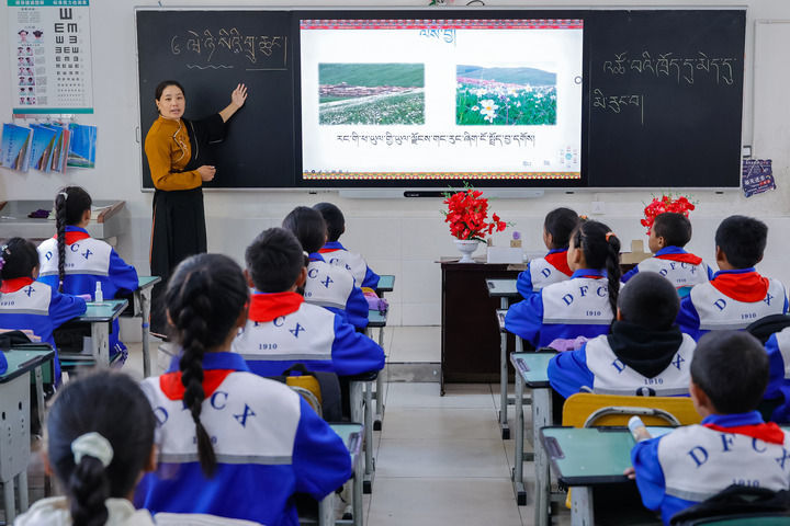 2024年9月27日,在四川省甘孜藏族自治州道孚县城关第一完全小学,采取“藏加模式”教学的五年级一班的藏语文课上,准木周老师指导藏族学生以家乡草原风物为主题写作藏语文作文。新华社记者 沈伯韩 摄