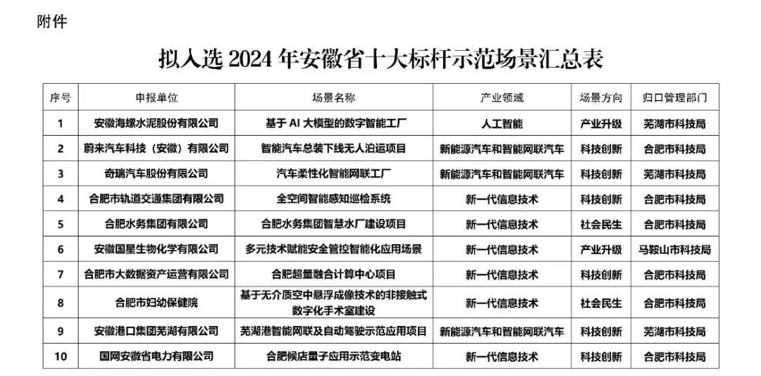 2024年度安徽省十大标杆示范场景评选结果正在公示