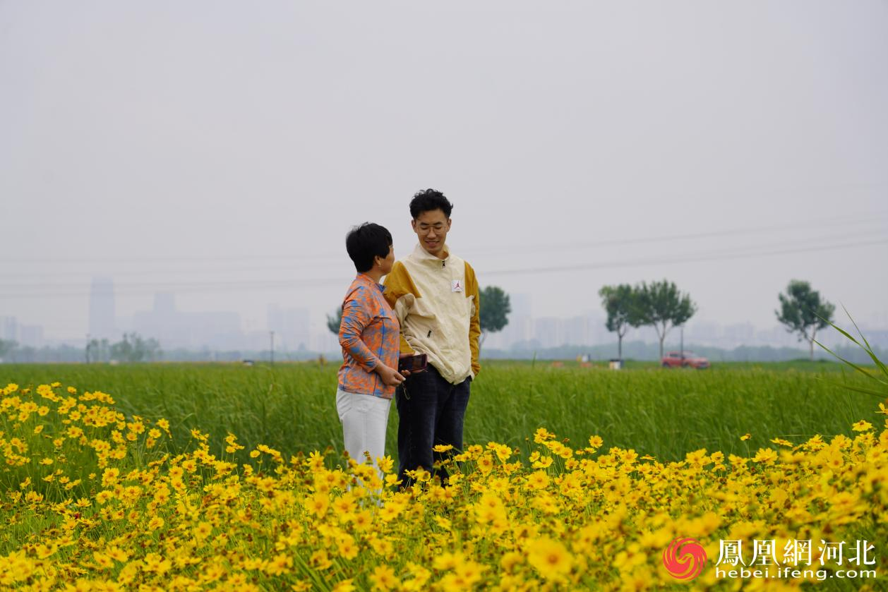 滹沱河旁市民散步场景