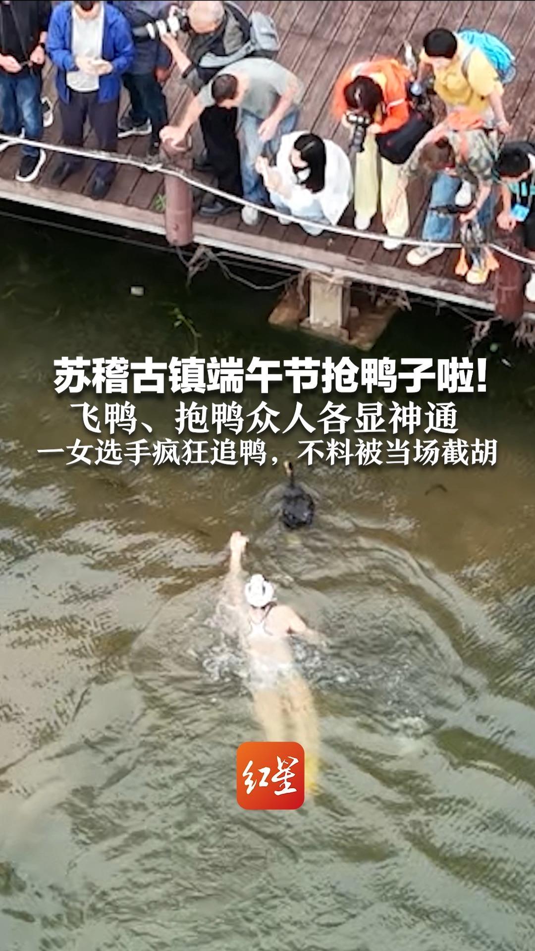 苏稽古镇端午节抢鸭子啦！飞鸭、抱鸭众人各显神通 一女选手疯狂追鸭，不料被当场截胡
