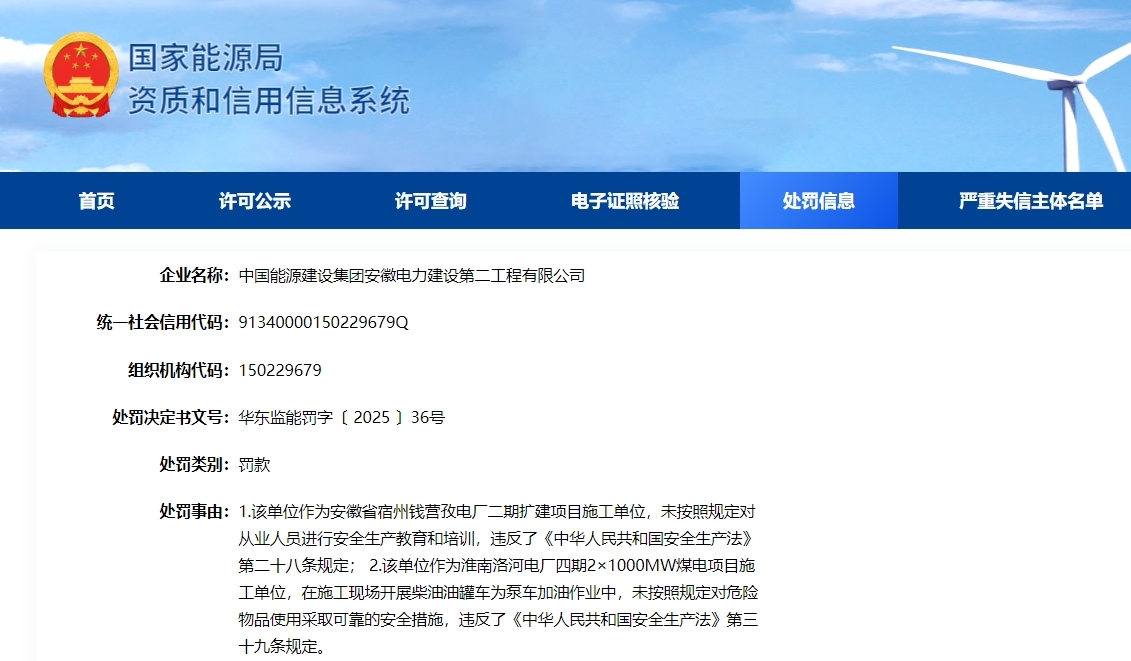 涉生产安全违法，中国能建安徽电建二公司被罚10万元