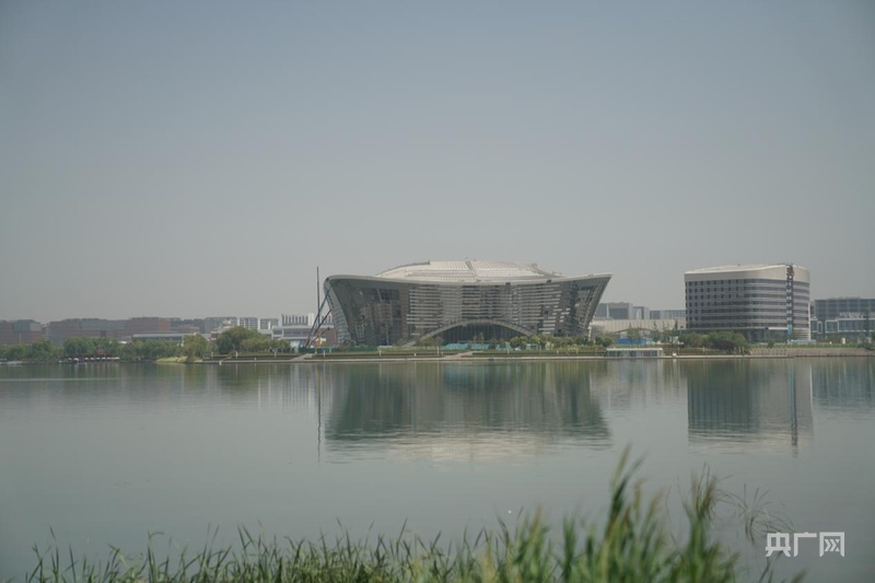 初夏的龙湖金融岛，碧波荡漾的湖面、葱茏繁茂的树木与错落有致的现代建筑共同绘就美丽画卷（央广网记者 夏莎 摄）
