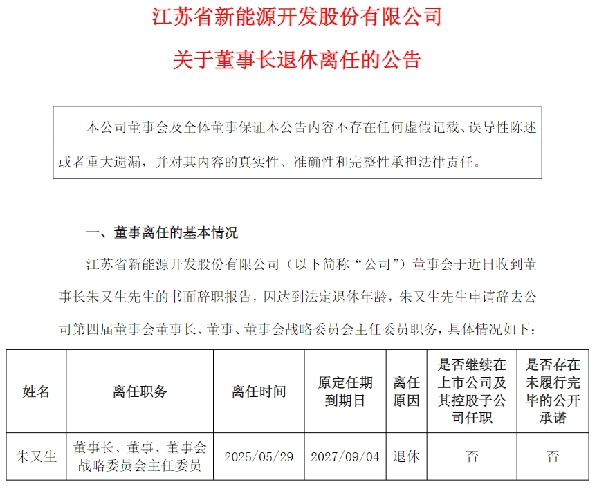江苏新能董事长朱又生辞职
