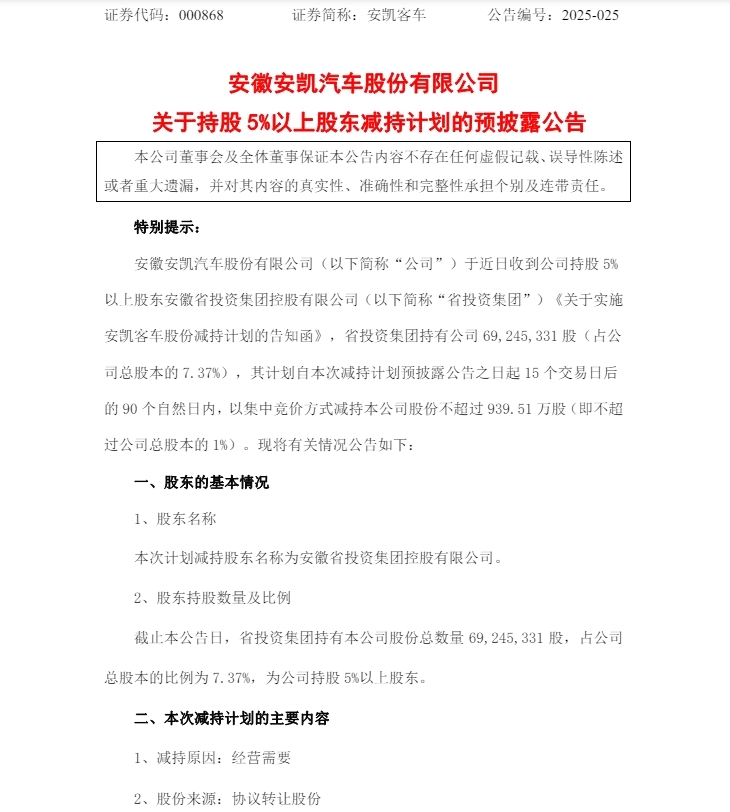 安徽省投资集团拟减持安凯客车939.51 万股股份
