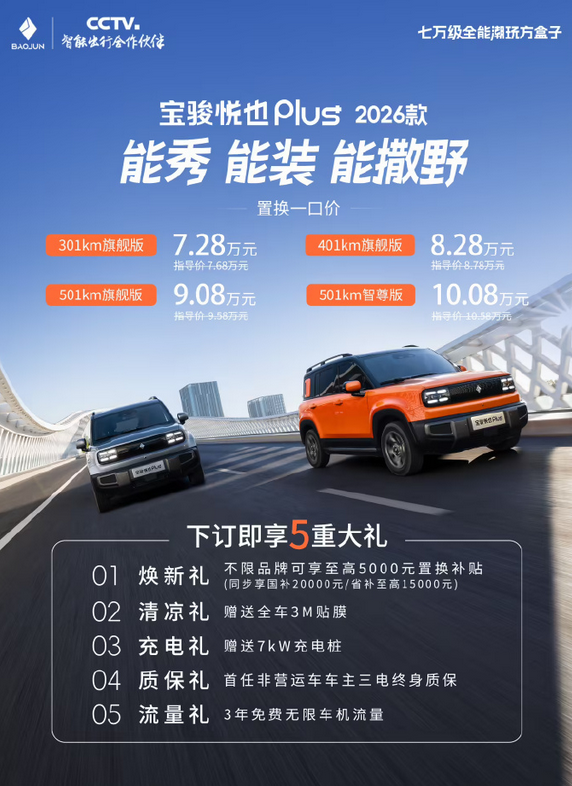 10万级智驾SUV!2026款宝骏悦也Plus上市:搭载L2级组合辅助驾驶