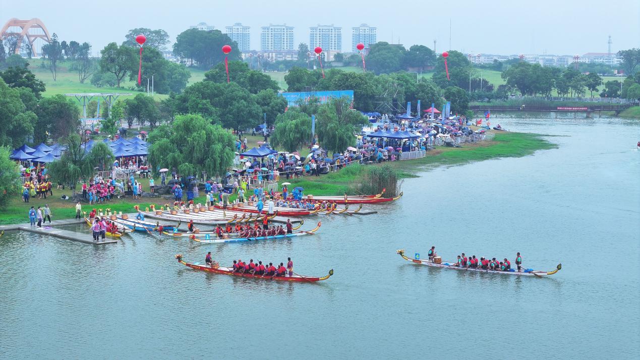白莲湖上的龙舟。 梁振堂 摄