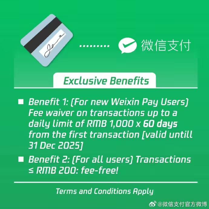 微信支付:所有国际卡使用者,单笔200元内的消费可免除3%手续费