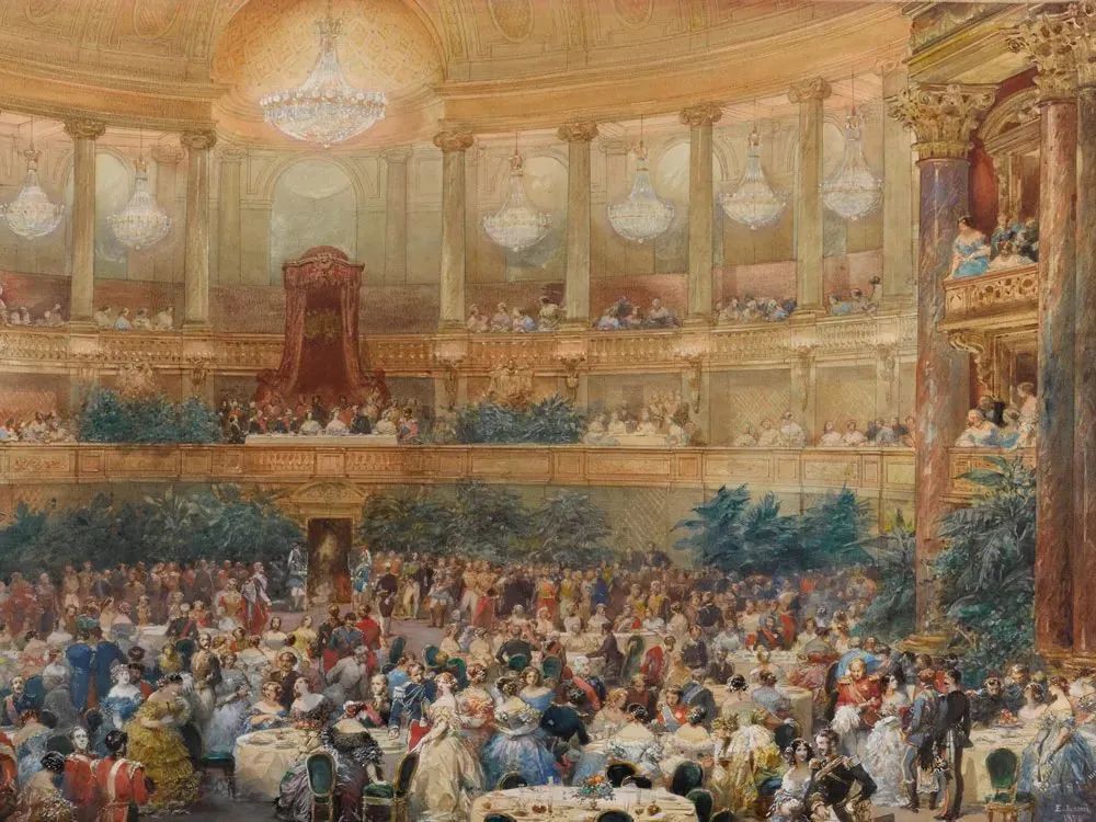 1885年英国维多利亚女王到访在凡尔赛宫歌剧院举办盛大晚宴演出现场素描