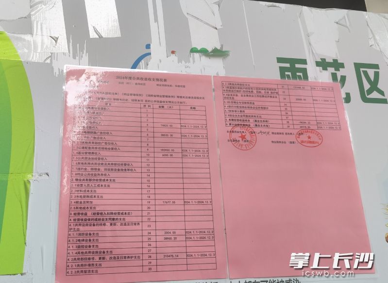 日前,雨花区华雅花园小区在公示栏张贴的小区公共收益收支情况。