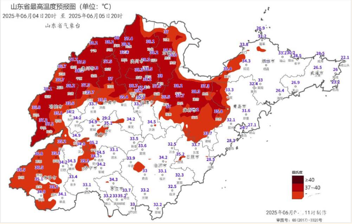 2025年6月5日山东省最高气温预报图