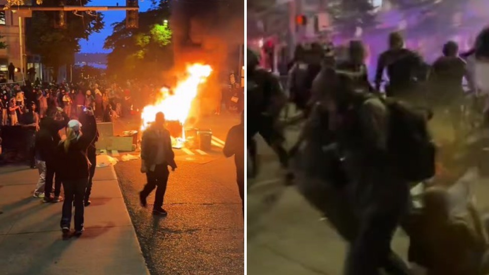西雅图示威者与警方激烈对峙，街头燃起熊熊大火