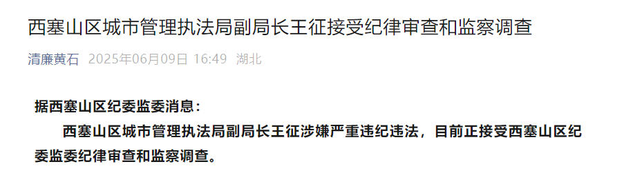 西塞山区城市管理执法局副局长王征接受纪律审查和监察调查