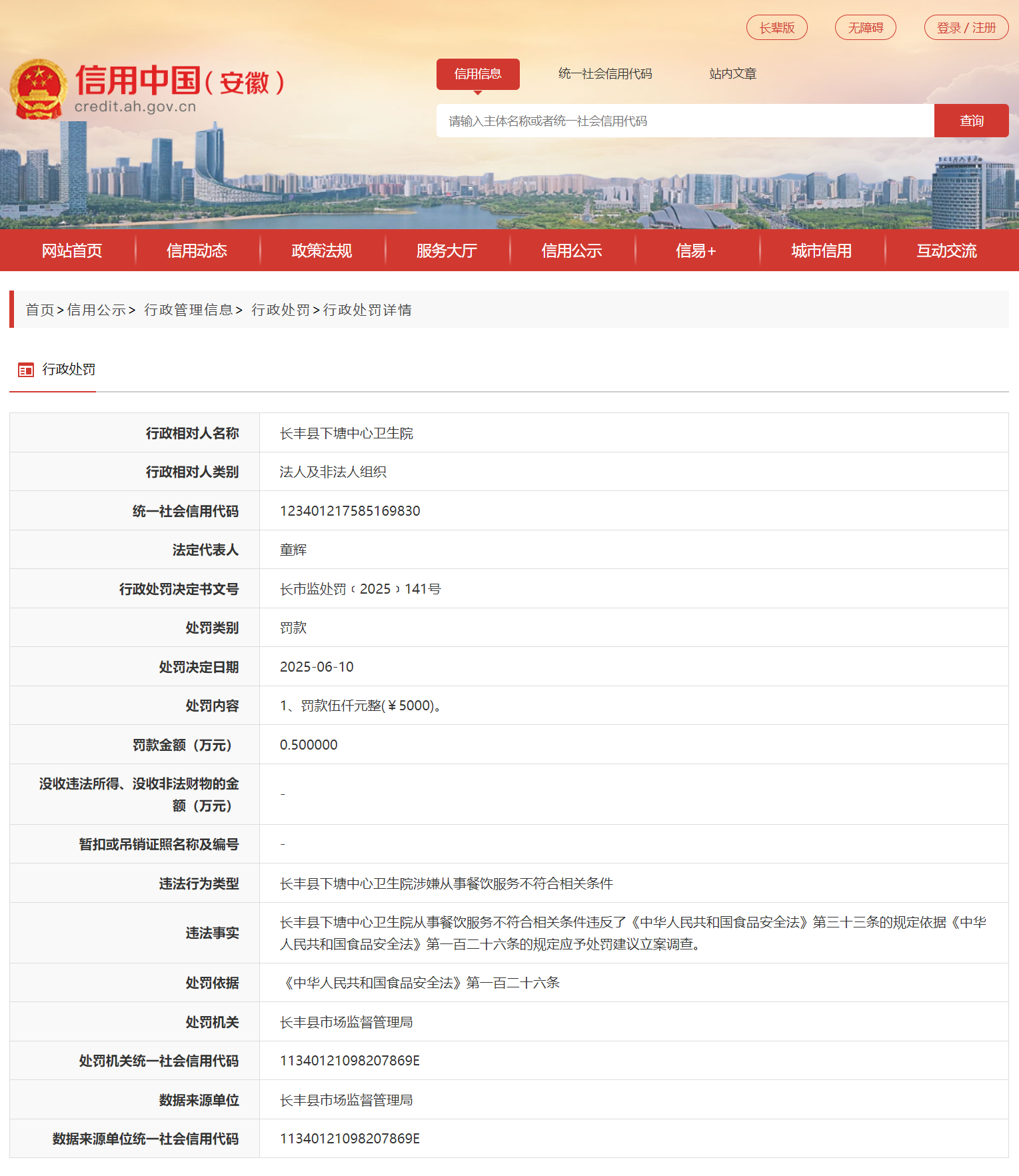 安徽长丰下塘中心卫生院涉嫌从事餐饮服务被罚0.5万