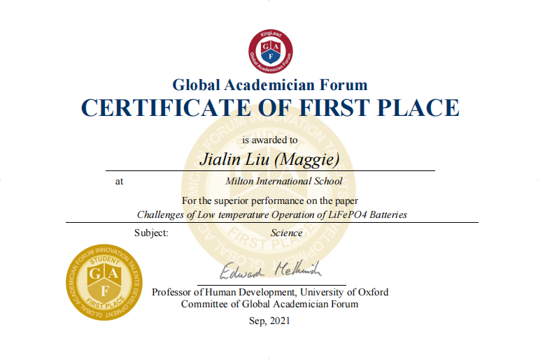 全球学术论坛的一等奖（每年获奖率仅0.5%）