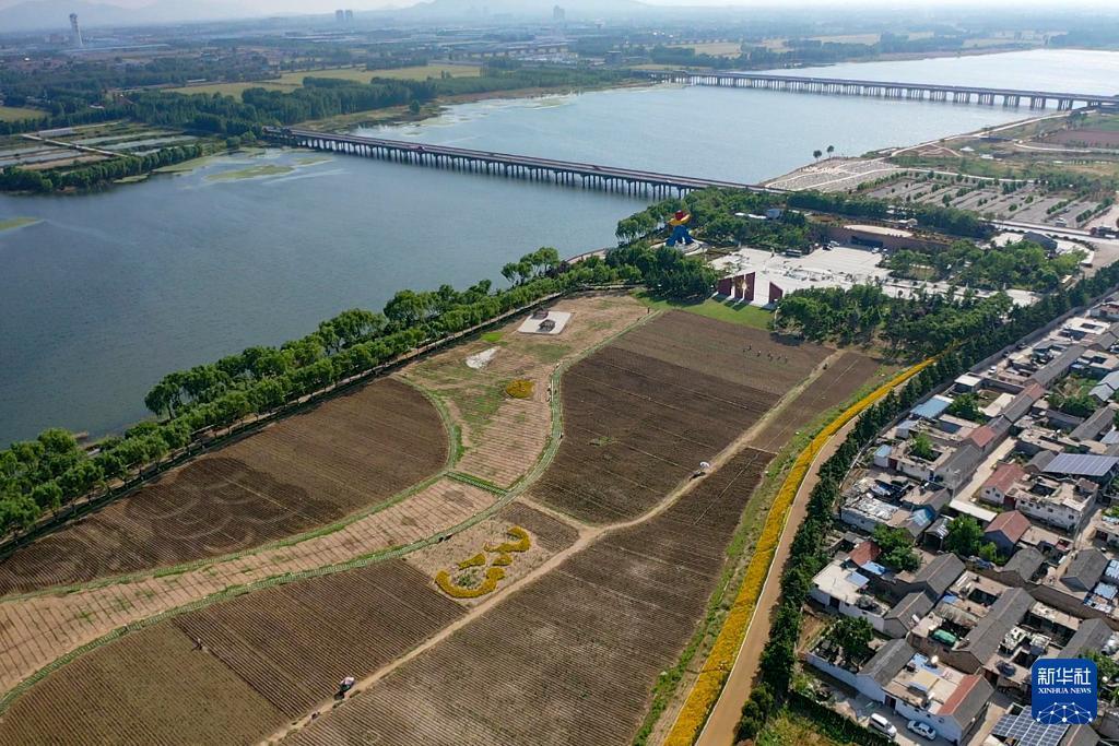 无人机拍摄的大汶河（左上）、大汶口遗址博物馆（右上）和大汶口遗址核心区（左下）