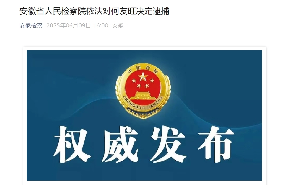 芜湖市人大常委会原党组副书记、副主任何友旺被逮捕