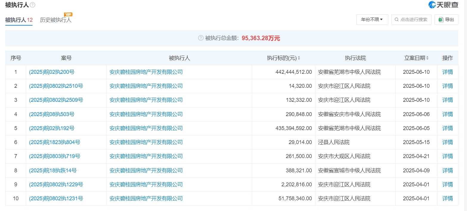 碧桂园地产及其安庆子公司等被执行6.1亿