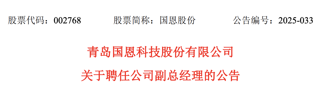 青岛国恩股份：聘任王龙为公司副总经理