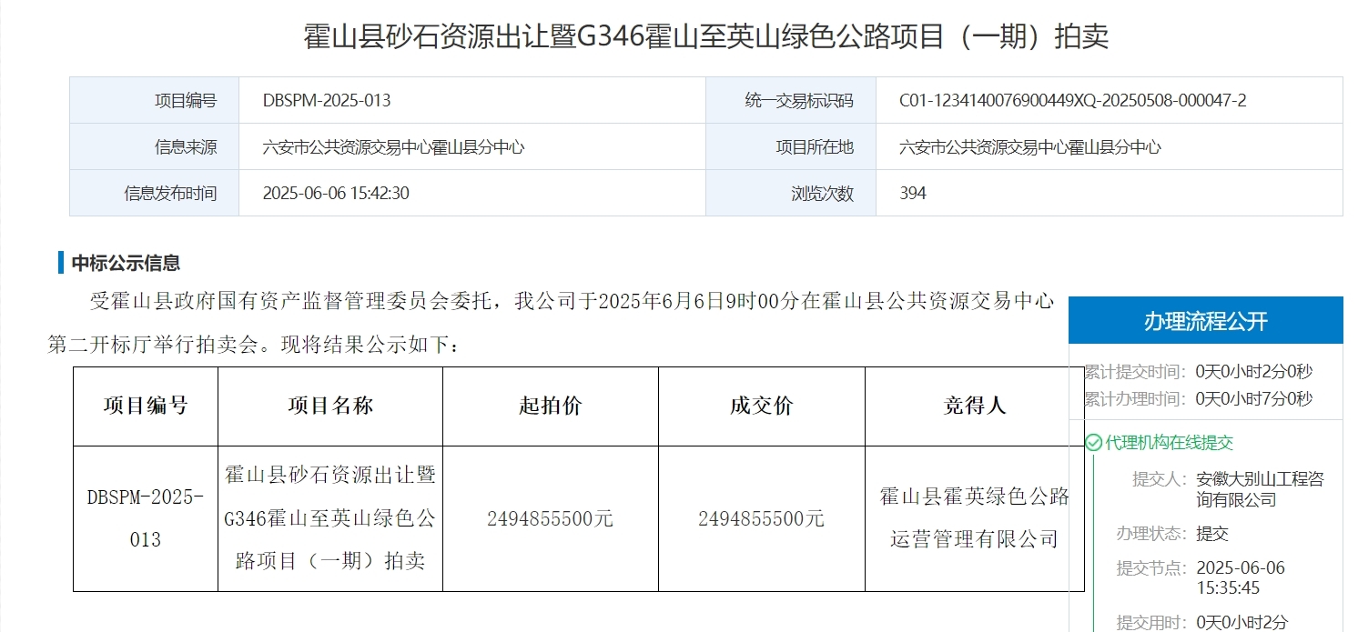 近25亿竞得！安徽六安4000万吨砂石资源成功出让