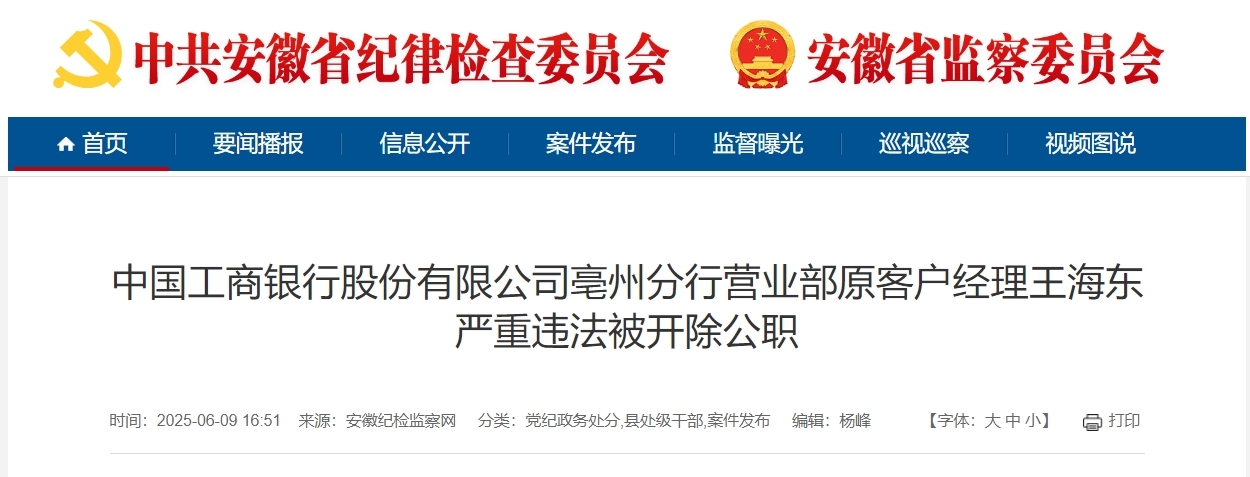 中国工商银行亳州分行营业部原客户经理王海东被开除公职
