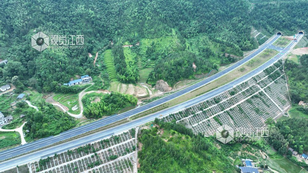 2025 年6月10日，江西交投集团建设的江西省遂（川）至大（余）高速施工现场繁忙有序，127 公里沥青路面铺设及划线工程加速推进，绿化、交安设施等配套工程进入收尾阶段。