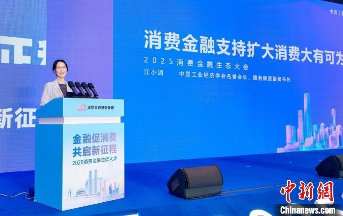 图为中国工业经济学会名誉会长、国务院原副秘书长江小涓发表演讲。马上消费 供图