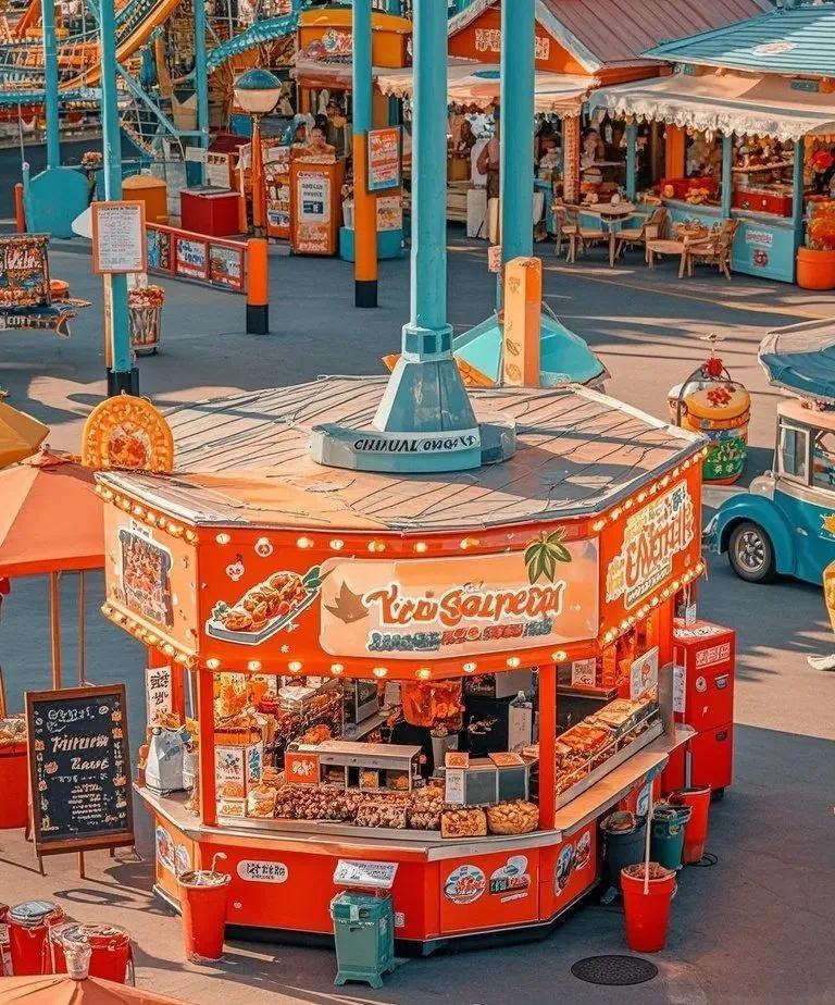 jimeng-2025-06-05-148-游乐园美食街，有很多商家，包含各种网红美食，奶茶，烧烤，小吃等，图片为写实摄影类图片，颜色鲜艳一点，看起来要真实.jpeg
