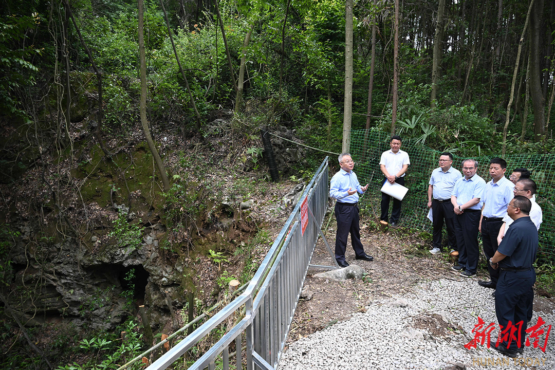 （6月9日，沈晓明来到慈利县东岳观镇彩球村大田坑天坑溶洞督导污染整治工作。）