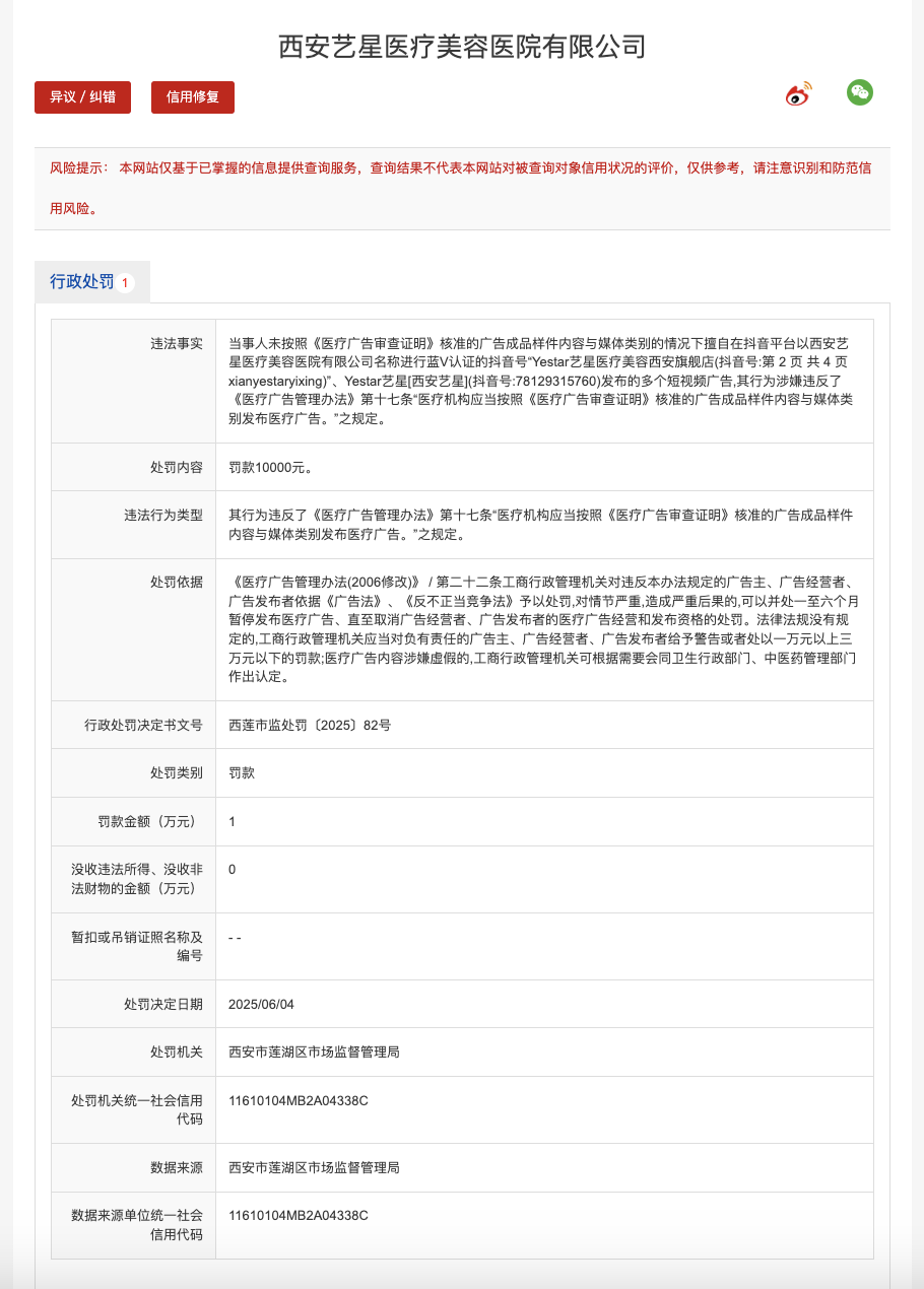 信用中国（陕西）官网行政处罚信息截图。